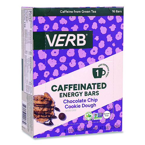 Caffeinated Energy Bar, Chocolate Chip Cookie Dough, 0.92 oz Bar, 16/Box