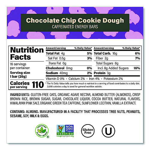 Caffeinated Energy Bar, Chocolate Chip Cookie Dough, 0.92 oz Bar, 16/Box