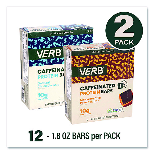 Caffeinated Protein Bar, Chocolate Chip Peanut Butter and Oatmeal Chocolate Chip, 1.8 oz Bar, 24/Box