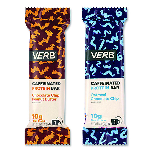 Caffeinated Protein Bar, Chocolate Chip Peanut Butter and Oatmeal Chocolate Chip, 1.8 oz Bar, 24/Box