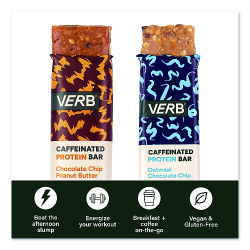 Caffeinated Protein Bar, Chocolate Chip Peanut Butter and Oatmeal Chocolate Chip, 1.8 oz Bar, 24/Box