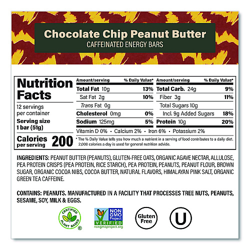 Caffeinated Protein Bar, Chocolate Chip Peanut Butter and Oatmeal Chocolate Chip, 1.8 oz Bar, 24/Box