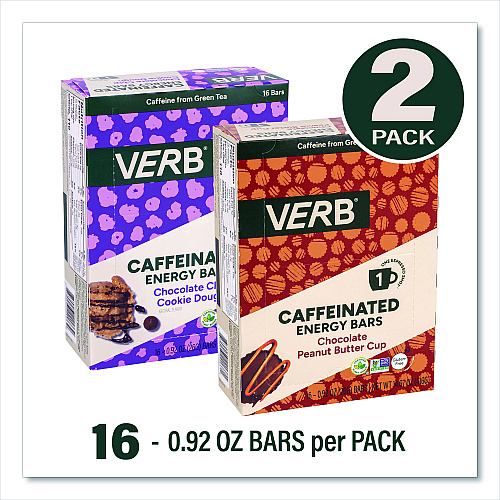Caffeinated Energy Bar, Chocolate Peanut Butter Cup and Chocolate Chip Cookie Dough, 0.92  oz Bar, 32/Box