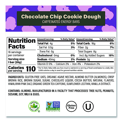 Caffeinated Energy Bar, Chocolate Peanut Butter Cup and Chocolate Chip Cookie Dough, 0.92  oz Bar, 32/Box