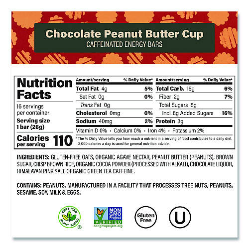 Caffeinated Energy Bar, Chocolate Peanut Butter Cup and Chocolate Chip Cookie Dough, 0.92  oz Bar, 32/Box