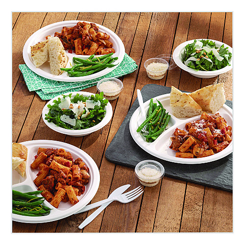 Pactiv EarthChoice PFAS Free Compostable Dinnerware, 3-Compartment Plate, 10" dia, White, 500/Carton (MC50044BB)