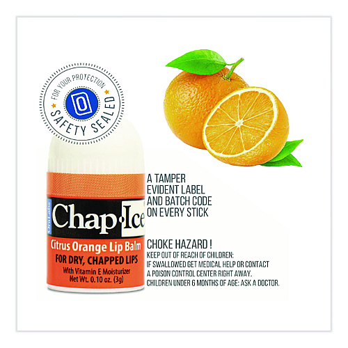 Chap Ice Lip Balm, Cherry/Kiwi/Orange Flavors, 1" Tube, 100/Box (840FB)