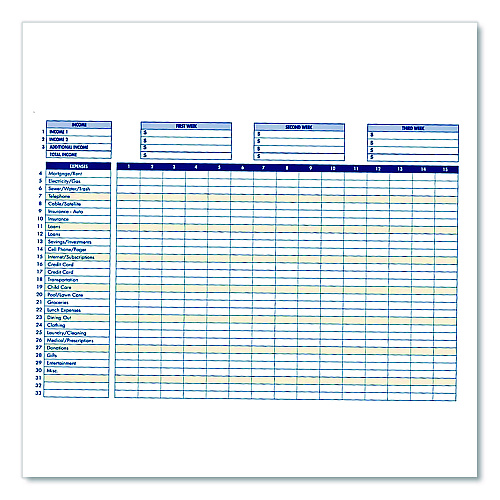 Adams Home/Office Weekly/Monthly Budget Book, Two-Page Spread: 15 Columns, Royal Blue Cover, 7 x 10 Sheets, 32 Sheets/Book (AFR31)