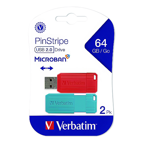 Verbatim PinStripe USB 2.0 Flash Drive, 64 GB, Caribbean Blue/Red, 2/Pack (70059)