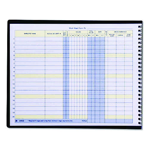 Adams Weekly Payroll Record Book for 20 Employees, Two-Page Spread: 36 Columns, Royal Blue Cover, 8.5 x 11 Sheets, 56 Sheets/Book (AFR50)