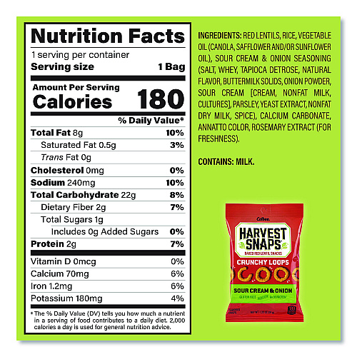 Harvest Snaps Crunchy Loops, Sour Cream and Onion, 1.35 oz Bag, 8/Box (22002516)