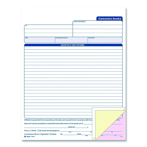 Adams Multipart Contractor Invoice Forms, Three-Part Carbonless, 8.5 x 10.94, 100 Forms Total (NC3822)