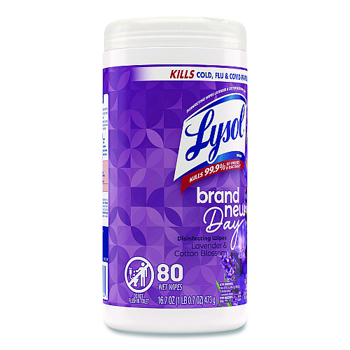 Lysol&reg; Disinfecting Wipes, 1-Ply, 7 x 7.25, Lavender and Cotton Blossom, White, 80 Wipes/Canister (56264EA)