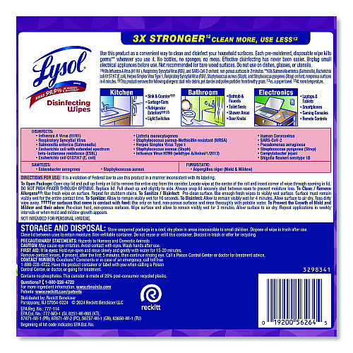 Lysol&reg; Disinfecting Wipes, 1-Ply, 7 x 7.25, Lavender and Cotton Blossom, White, 80 Wipes/Canister (56264EA)