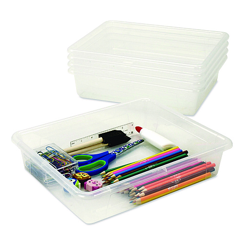 Storex Storage Tray, Flat, 1.69 gal, 10.65" x 13.17" x 2.96", Translucent, 5/Pack (62565U05C)