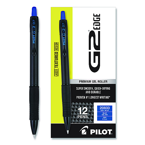 G2 Edge Premium Gel Roller Pen, Retractable, Fine 0.7 mm, Blue Ink, Black/Blue Barrel, Dozen