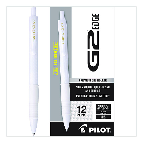 G2 Edge Premium Gel Roller Pen, Retractable, Fine 0.7 mm, Black Ink, White Barrel, Dozen