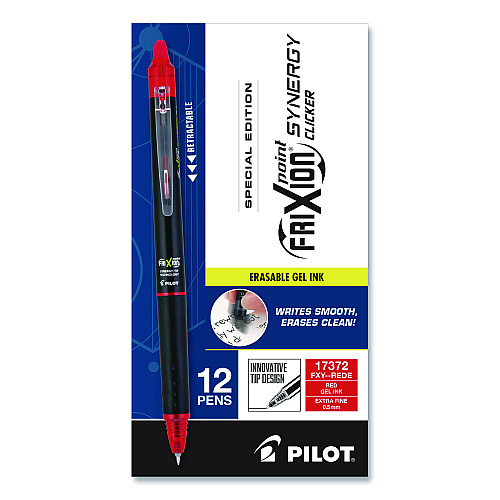 Frixion Synergy Clicker Erasable Gel Pen, Retractable, Extra Fine 0.5 mm, Red Ink, Black/Red Barrel, Dozen