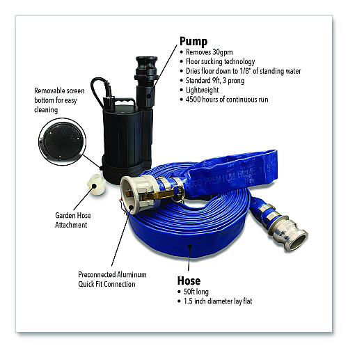 Quick Dam Pump Kit, (1) Pump, (2) 10 ft Water Barriers, (4) 10 ft Water Dams, 50 ft 1.5" dia Hose with Connectors (QDPK3)