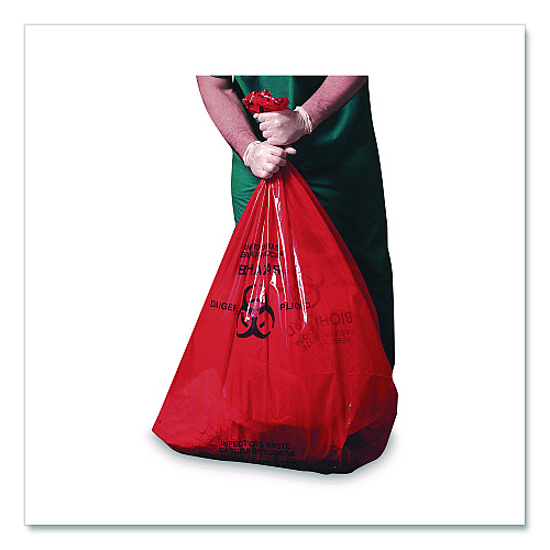 Heritage Healthcare Pre-Printed High-Density Can Liners, Biohazard: Infectious Waste, 45 gal, 16 mic, 40 x 48, Red, Flat Pack, 250/CT (Z8048VRP01)