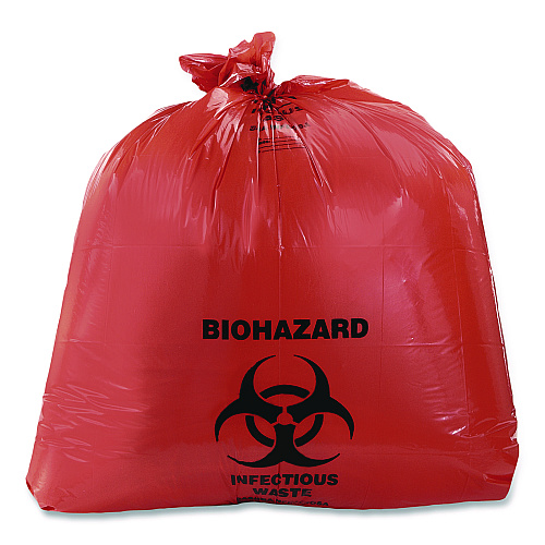 Heritage Healthcare Pre-Printed High-Density Can Liners, Biohazard: Infectious Waste, 45 gal, 16 mic, 40 x 48, Red, Flat Pack, 250/CT (Z8048VRP01)
