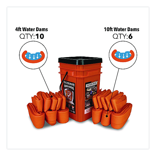 Quick Dam Indoor Bucket Kit, (1) Bucket, (10) 4 ft Water Dams, (6) 10 ft Water Dams (WUGGCO)