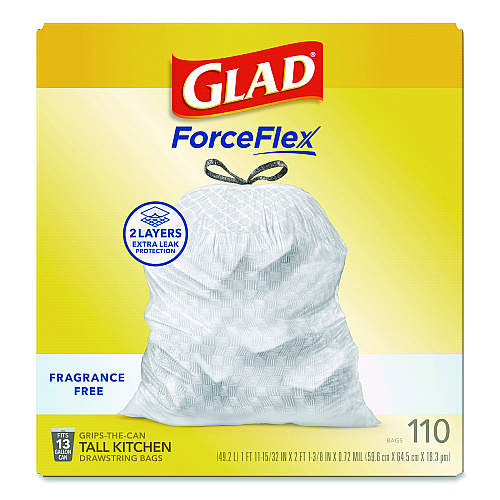 ForceFlex Kitchen Drawstring Trash Bags, Drawstring, 13 gal, Unscented, 23.47 x 25.38, White, 110 Bags/Box, 3 Boxes/Carton