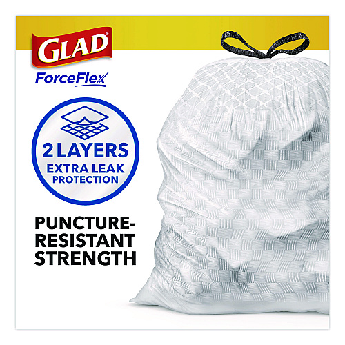 ForceFlex Kitchen Drawstring Trash Bags, Drawstring, 13 gal, Unscented, 23.47 x 25.38, White, 110 Bags/Box, 3 Boxes/Carton