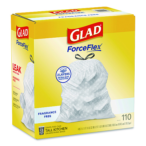 ForceFlex Kitchen Drawstring Trash Bags, Drawstring, 13 gal, Unscented, 23.47 x 25.38, White, 110 Bags/Box, 3 Boxes/Carton