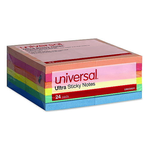 Ultra Sticky Note Pads, 3" x 3", Assorted, 100 Sheets/Pad, 24 Pads/Pack