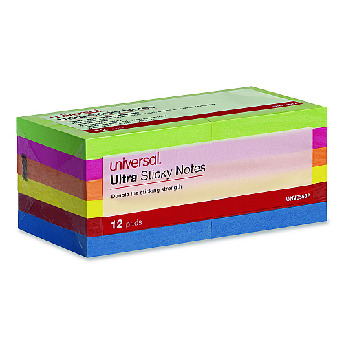 Ultra Sticky Note Pads, 3" x 3", Assorted, 100 Sheets/Pad, 12 Pads/Pack