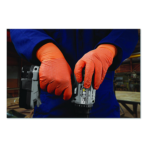 GloveWorks by AMMEX Ultra Industrial Flock-Lined Nitrile Disposable Gloves, Medium, 8 mil Thick, 9.06" Long, Orange, 50/Box, 10 Boxes/Carton (GWUOFN44050)