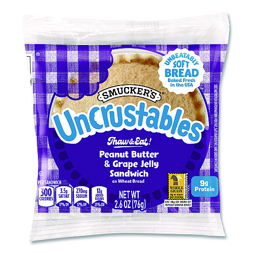 UNCRUSTABLES Soft Bread Sandwiches, Wheat Bread, Peanut Butter and Grape, 2.6 oz Bag, 48/Carton
