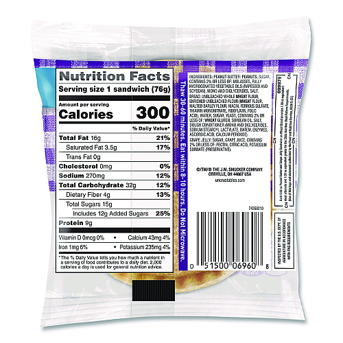 UNCRUSTABLES Soft Bread Sandwiches, Wheat Bread, Peanut Butter and Grape, 2.6 oz Bag, 48/Carton