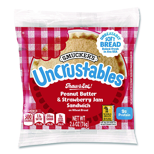 UNCRUSTABLES Soft Bread Sandwiches, Wheat Bread, Peanut Butter and Strawberry, 2.6 oz Bag, 48/Carton