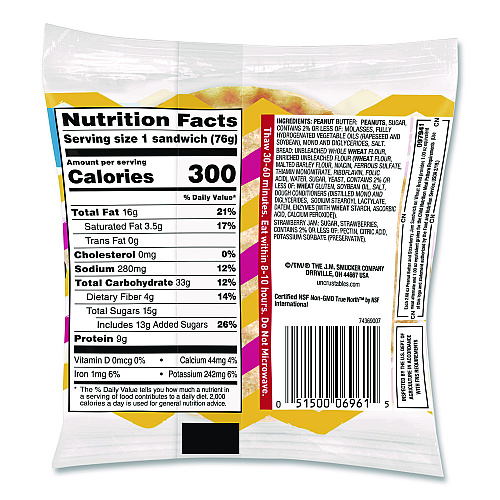UNCRUSTABLES Soft Bread Sandwiches, Wheat Bread, Peanut Butter and Strawberry, 2.6 oz Bag, 48/Carton
