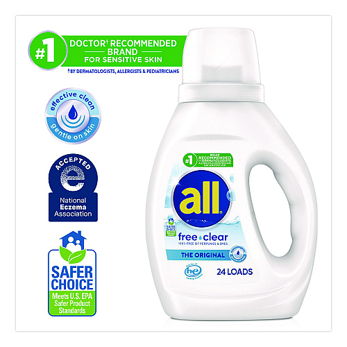 All Free Clear HE Laundry Detergent, 24 Loads, Unscented, 30 oz Bottle, 6/Carton (47427)