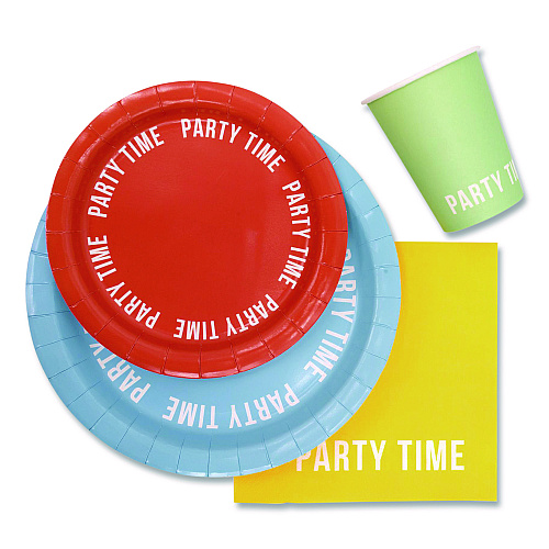 PUKKA PAD Birthday Tableware Pack, 24 Cups, 24 Dessert Plates, 24 Dinner Plates, 48 Paper Napkins, Assorted Colors, 120 Pieces/Kit (640)