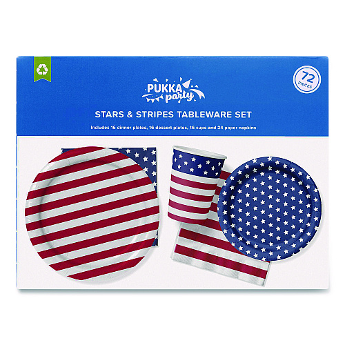 PUKKA PAD Stars and Stripes Tableware Pack, 16 Cups,16 Dessert Plates,16 Dinner Plates, 24 Paper Napkins, Blue/Red/White, 72 Pieces/Kit (642)