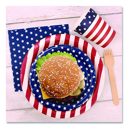 PUKKA PAD Stars and Stripes Tableware Pack, 16 Cups,16 Dessert Plates,16 Dinner Plates, 24 Paper Napkins, Blue/Red/White, 72 Pieces/Kit (642)