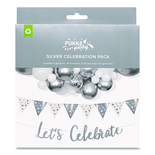 PUKKA PAD Silver and White Balloon Arch/Garland Party Pack, 46 Balloons, Balloon Strip, 2 Garlands, Glue Dots, Let's Celebrate Message (650)