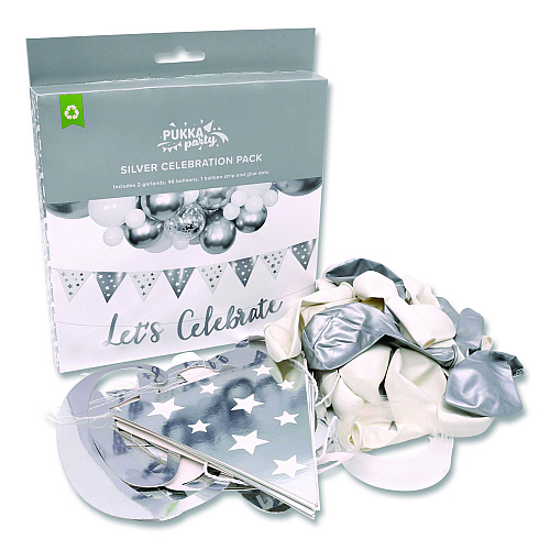 PUKKA PAD Silver and White Balloon Arch/Garland Party Pack, 46 Balloons, Balloon Strip, 2 Garlands, Glue Dots, Let's Celebrate Message (650)