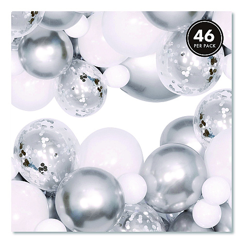 PUKKA PAD Silver and White Balloon Arch/Garland Party Pack, 46 Balloons, Balloon Strip, 2 Garlands, Glue Dots, Let's Celebrate Message (650)