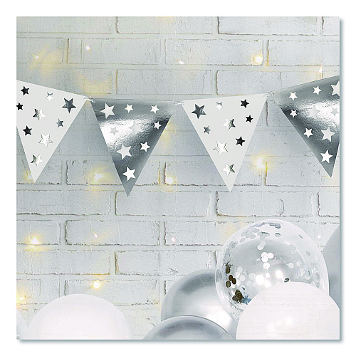 PUKKA PAD Silver and White Balloon Arch/Garland Party Pack, 46 Balloons, Balloon Strip, 2 Garlands, Glue Dots, Let's Celebrate Message (650)