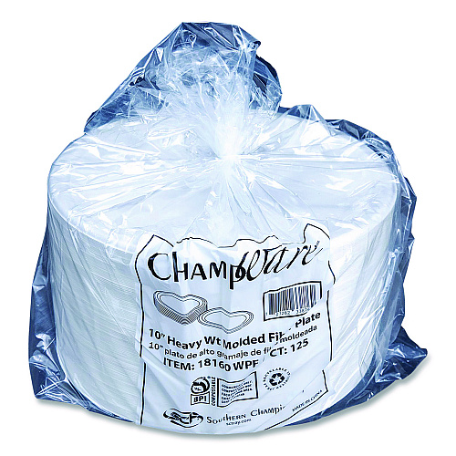 ChampWare Molded Fiber Tableware, Molded Fiber Plate, 10" dia, White, 125 Plates/Sleeve, 4 Sleeves/Carton