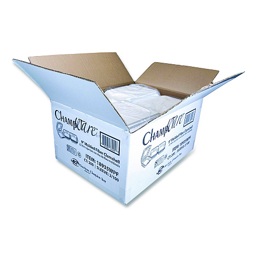 ChampWare Molded-Fiber Clamshell Containers, 9 x 9 x 3, White, 100/Sleeve, 2 Sleeves/Carton
