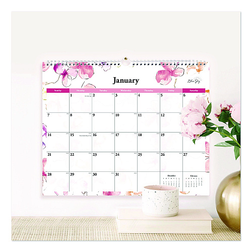 Blue Sky Lindley Monthly Wall Calendar, Floral Artwork, 15 x 12, White/Pink/Red Sheets, 12-Month (Jan to Dec): 2026 (117888)