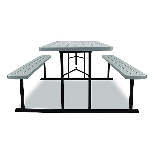NPS Blow Molded Folding Picnic Table, Rectangular, 57w x 72d x 29.5h, Speckled Gray Top, Black Base/Legs (BMPT3072BK02)