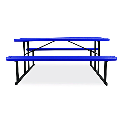 NPS Blow Molded Folding Picnic Table, Rectangular, 57w x 72d x 29.5h, Blue Top, Black Base/Legs (BMPT3072BK04)