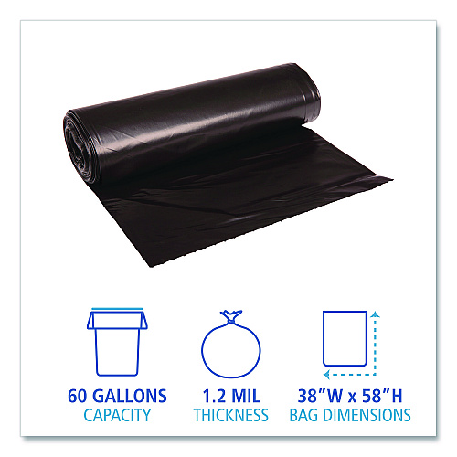 Boardwalk&reg; 60 Gallon Trash Bags, 1.2 mil, 38 x 58, Black, 50 Bags (BWK519E)